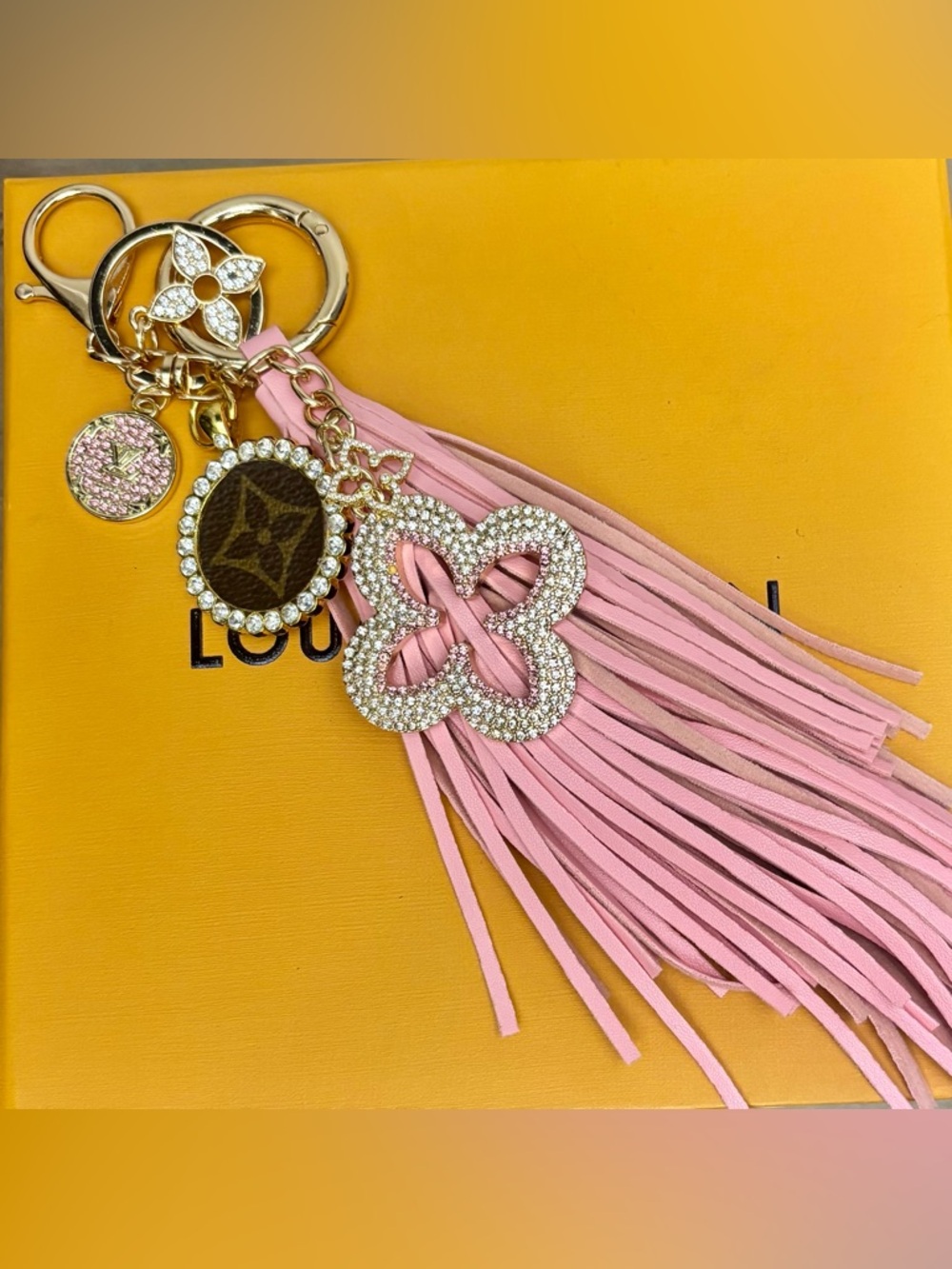 Louis Vuitton Bag Charm, Clover Rhinestones, Pink Tassel 10 inches